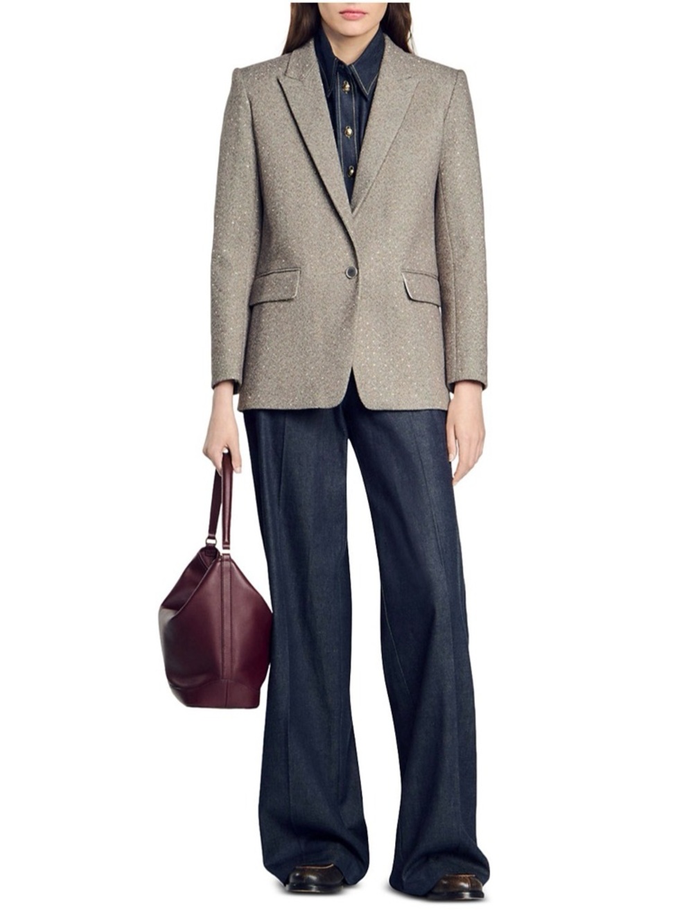 Sandro Herringbone Single-Button Blazer in Taupe Fleck